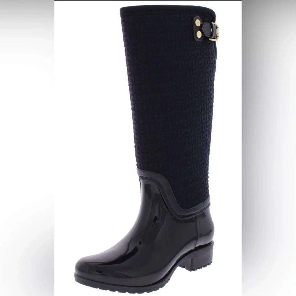 Tommy Hilfiger Black Boots. Gold accent hardware, logo embossed fabric.